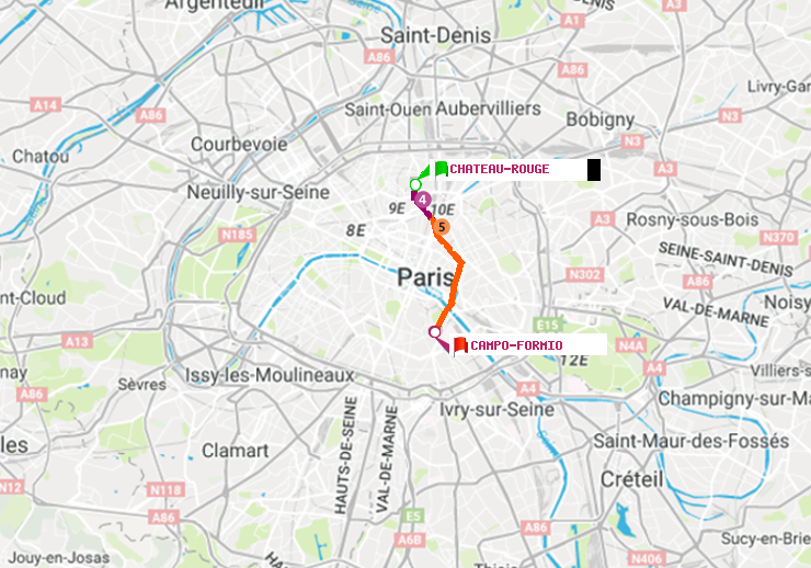 plan itinéraire ratp de Château Rouge à Campo-Formio