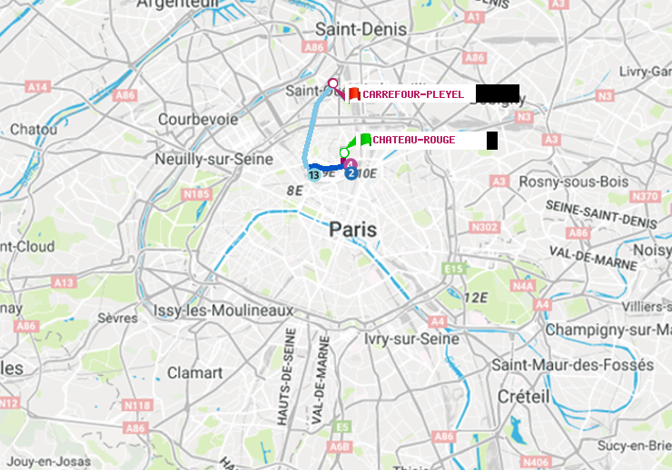plan itinéraire ratp de Château Rouge à Carrefour-Pleyel