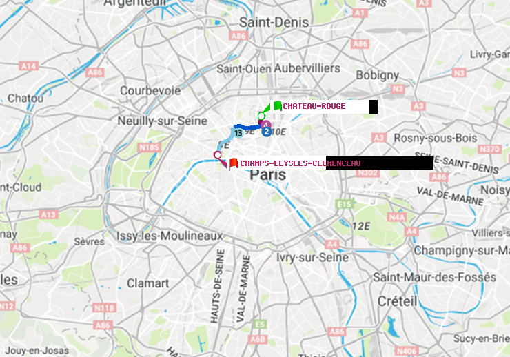 plan itinéraire ratp de Château Rouge à Champs-Elysées-Clémenceau