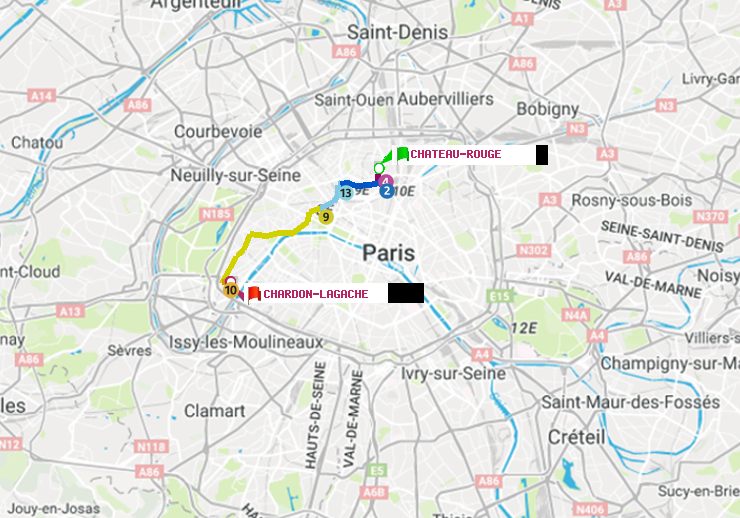 plan itinéraire ratp de Château Rouge à Chardon-Lagache