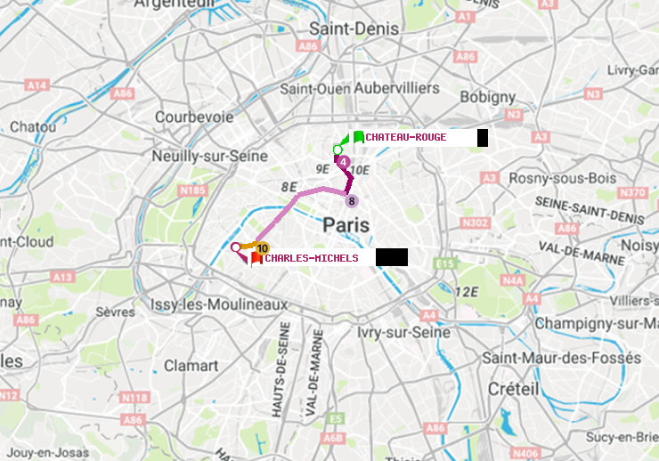 plan itinéraire ratp de Château Rouge à Charles Michels