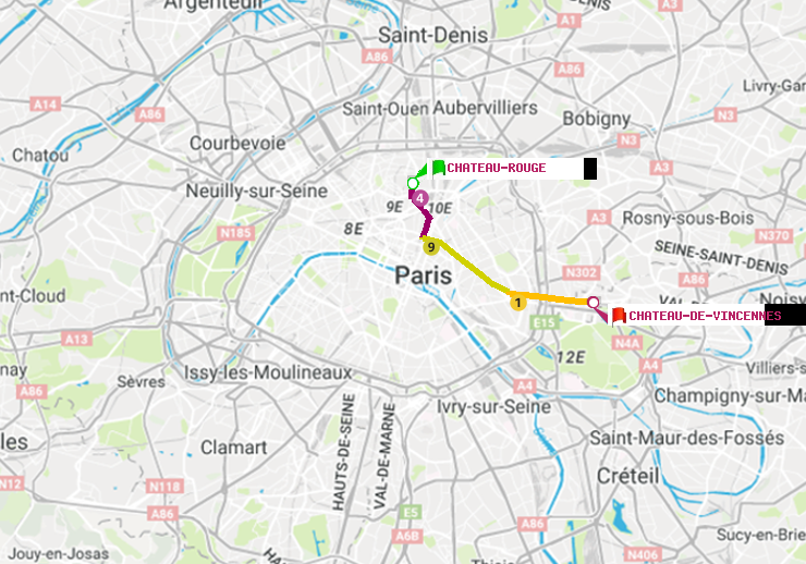 plan itinéraire ratp de Château Rouge à Château de Vincennes