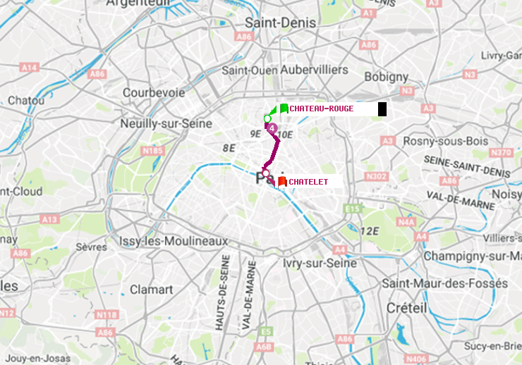 plan itinéraire ratp de Château Rouge à Châtelet