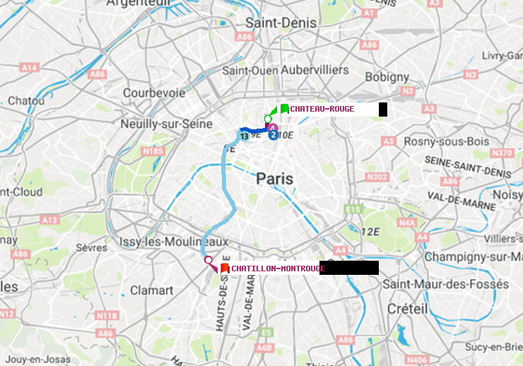 plan itinéraire ratp de Château Rouge à Châtillon Montrouge