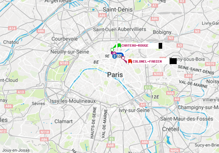 plan itinéraire ratp de Château Rouge à Colonel Fabien