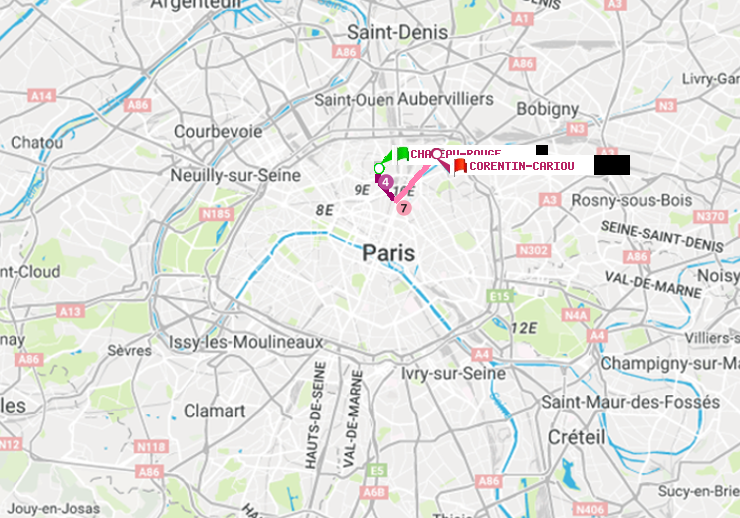 plan itinéraire ratp de Château Rouge à Corentin-Cariou