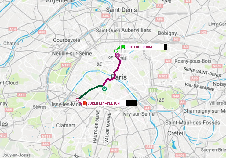 plan itinéraire ratp de Château Rouge à Corentin-Celton