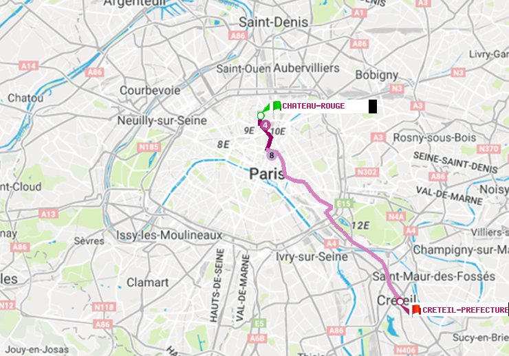 plan itinéraire ratp de Château Rouge à Créteil-Préfecture (Hôtel de Ville)