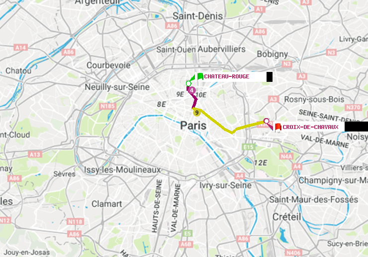 plan itinéraire ratp de Château Rouge à Croix-de-Chavaux (Jacques Duclos)