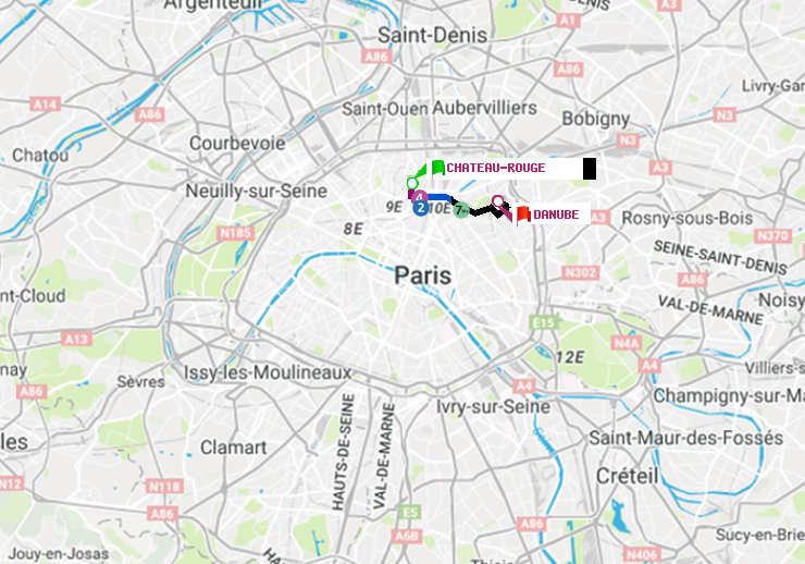 plan itinéraire ratp de Château Rouge à Danube