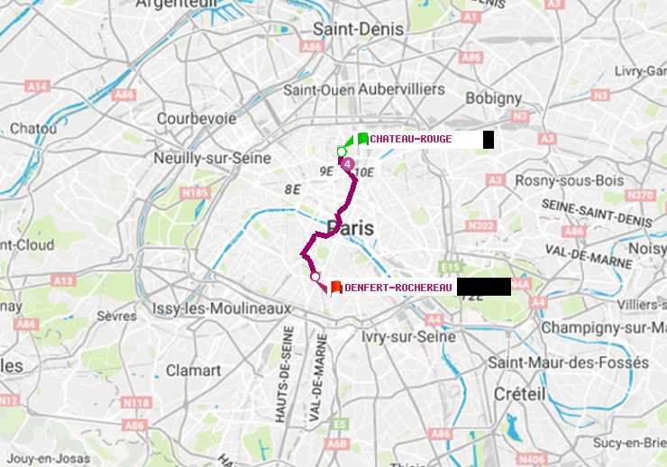 plan itinéraire ratp de Château Rouge à Denfert-Rochereau