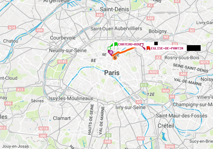 plan itinéraire ratp de Château Rouge à Eglise de Pantin