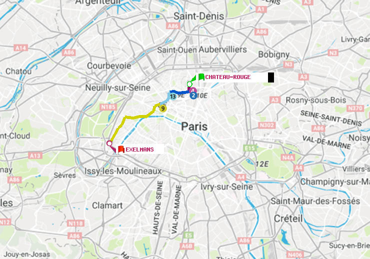 plan itinéraire ratp de Château Rouge à Exelmans