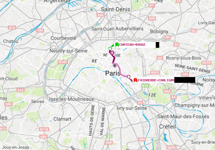 plan itinéraire ratp de Château Rouge à Faidherbe-Chaligny