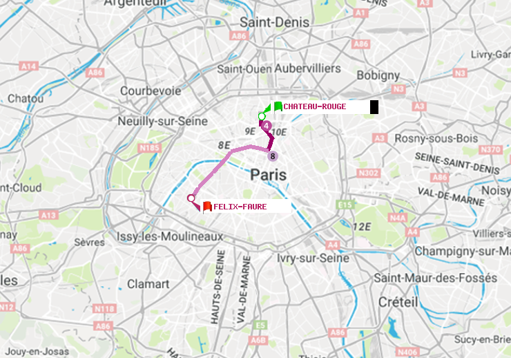 plan itinéraire ratp de Château Rouge à Félix Faure