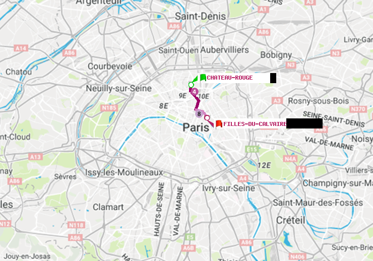 plan itinéraire ratp de Château Rouge à Filles du Calvaire