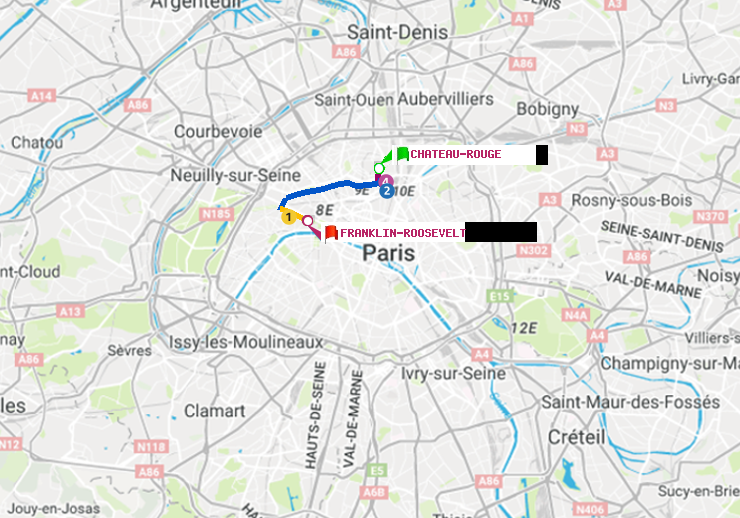 plan itinéraire ratp de Château Rouge à Franklin-Roosevelt