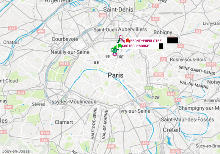 plan itinéraire ratp de Château Rouge à Front Populaire