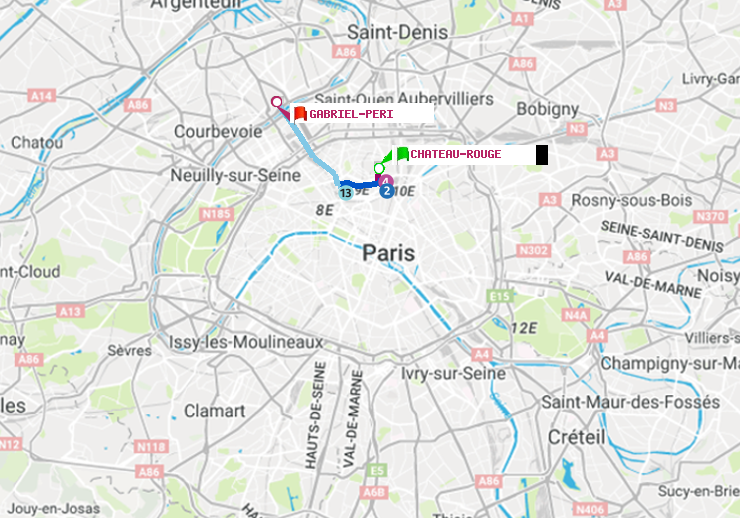 plan itinéraire ratp de Château Rouge à Gabriel-Péri