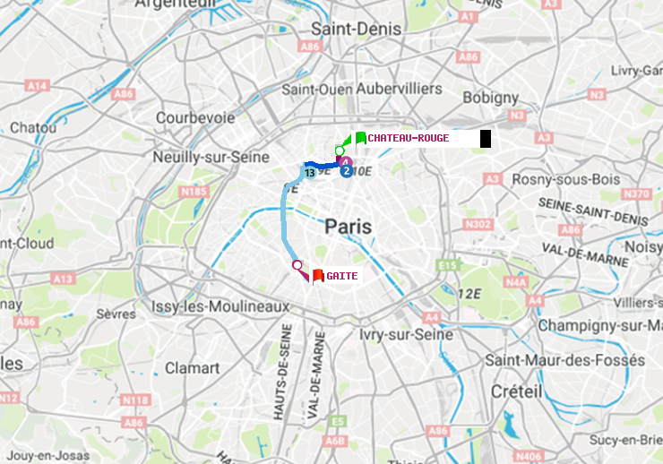 plan itinéraire ratp de Château Rouge à Gaité