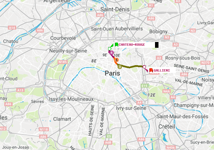 plan itinéraire ratp de Château Rouge à Gallieni (Parc de Bagnolet)