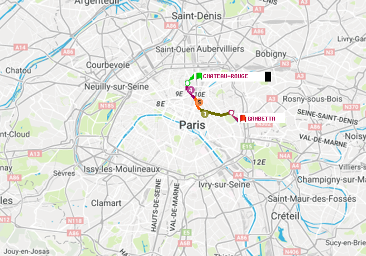 plan itinéraire ratp de Château Rouge à Gambetta