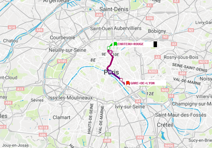 plan itinéraire ratp de Château Rouge à Gare de Lyon