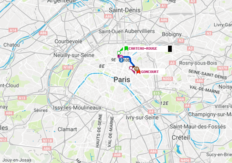 plan itinéraire ratp de Château Rouge à Goncourt (Hôpital Saint-Louis)