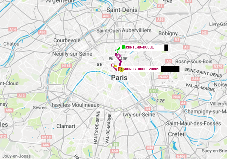 plan itinéraire ratp de Château Rouge à Grands Boulevards