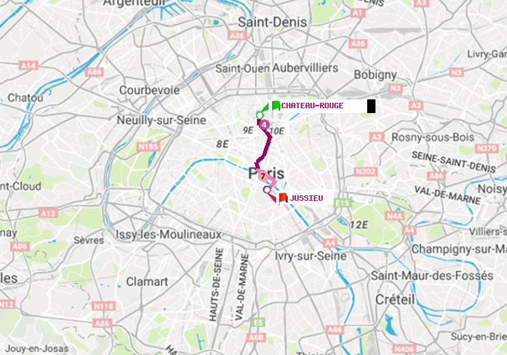 plan itinéraire ratp de Château Rouge à Jussieu
