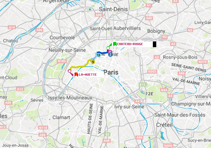 plan itinéraire ratp de Château Rouge à La Muette