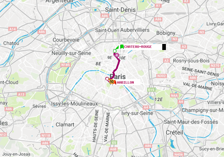 plan itinéraire ratp de Château Rouge à Mabillon