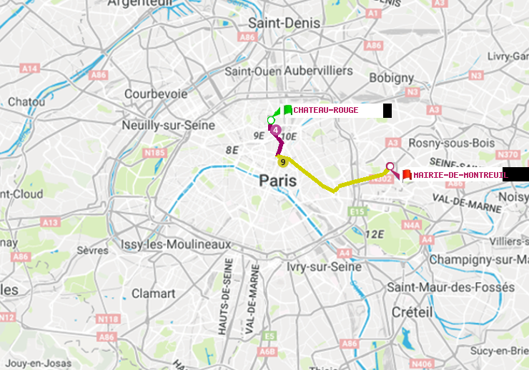 plan itinéraire ratp de Château Rouge à Mairie de Montreuil