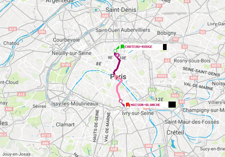 plan itinéraire ratp de Château Rouge à Maison Blanche