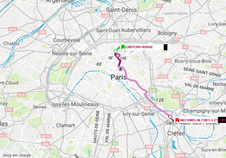 plan itinéraire ratp de Château Rouge à Maisons-Alfort-Les Juilliottes