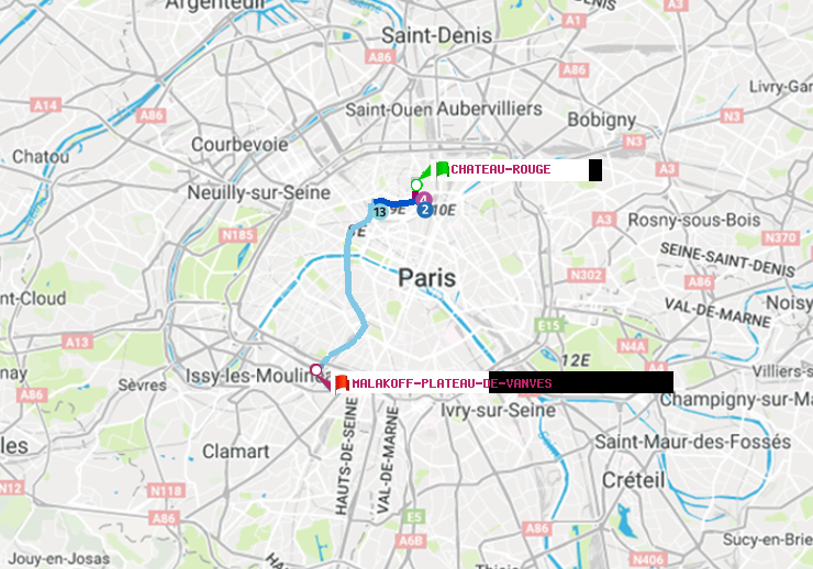 plan itinéraire ratp de Château Rouge à Malakoff-Plateau de Vanves