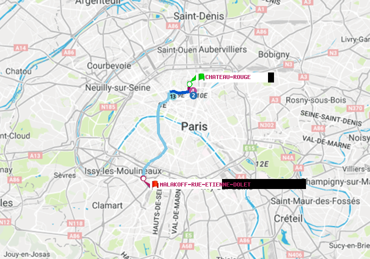 plan itinéraire ratp de Château Rouge à Malakoff-Rue Etienne Dolet