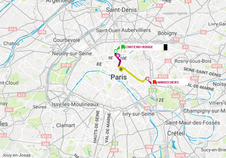 plan itinéraire ratp de Château Rouge à Maraichers