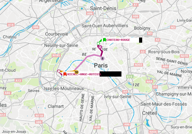 plan itinéraire ratp de Château Rouge à Michel-Ange-Auteuil