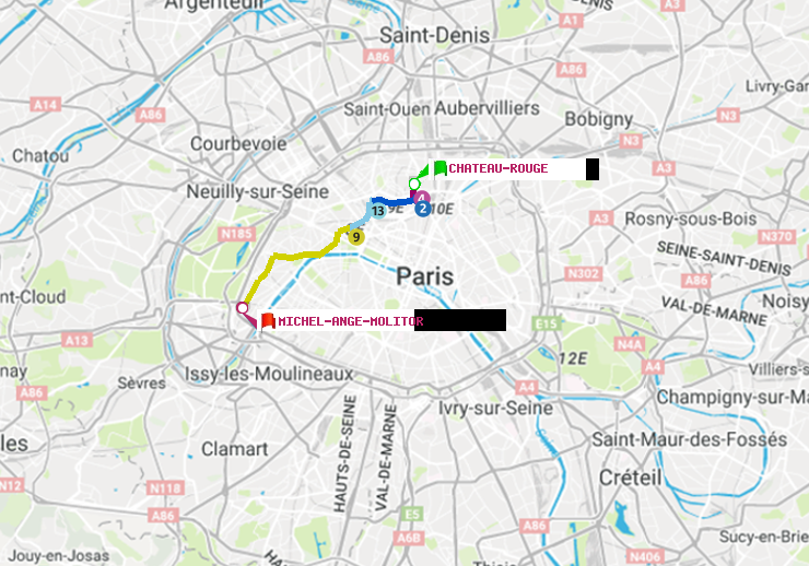plan itinéraire ratp de Château Rouge à Michel-Ange-Molitor
