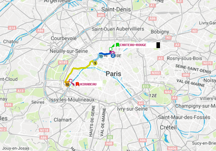 plan itinéraire ratp de Château Rouge à Mirabeau