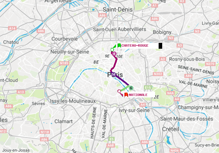 plan itinéraire ratp de Château Rouge à Nationale