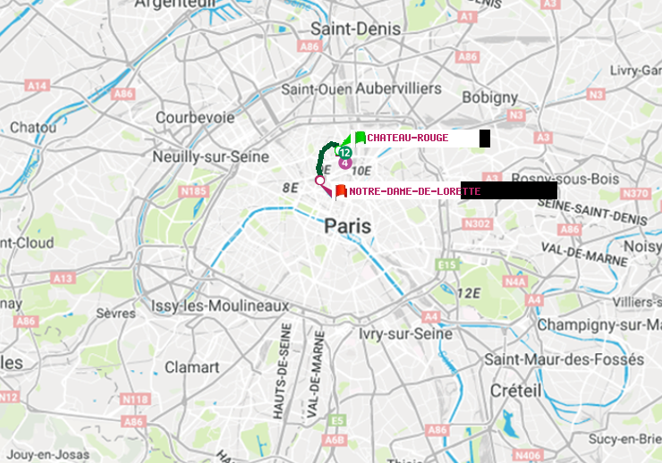 plan itinéraire ratp de Château Rouge à Notre-Dame de Lorette