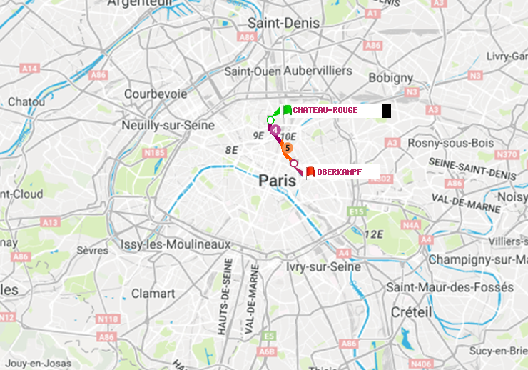 plan itinéraire ratp de Château Rouge à Oberkampf