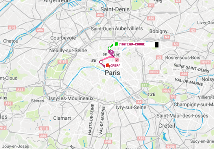 plan itinéraire ratp de Château Rouge à Opéra