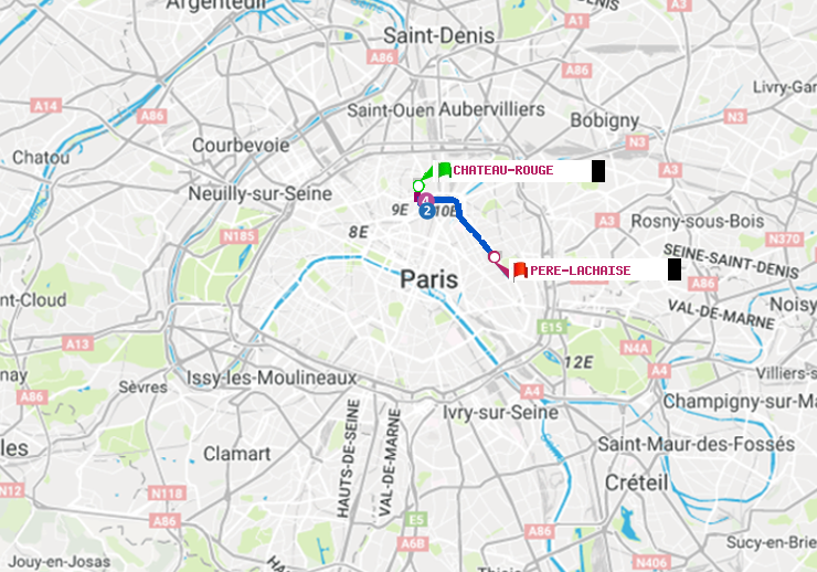 plan itinéraire ratp de Château Rouge à Père-Lachaise