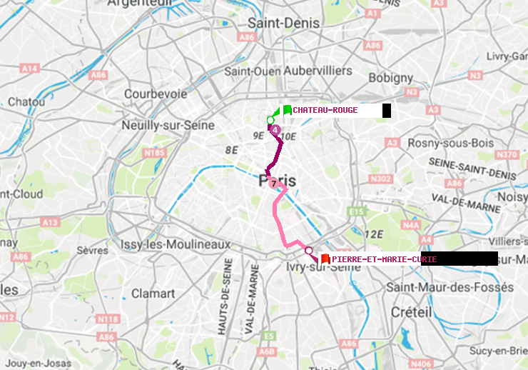 plan itinéraire ratp de Château Rouge à Pierre et Marie Curie