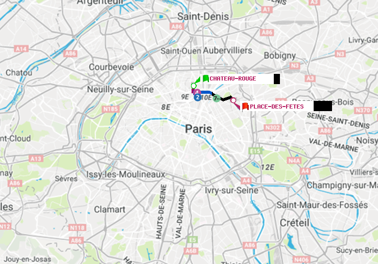 plan itinéraire ratp de Château Rouge à Place des Fêtes