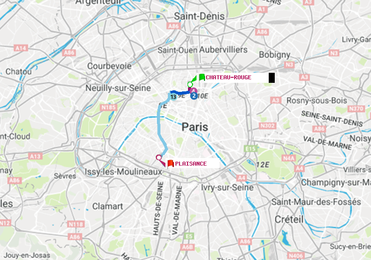 plan itinéraire ratp de Château Rouge à Plaisance