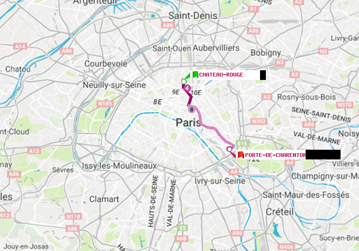 plan itinéraire ratp de Château Rouge à Porte de Charenton